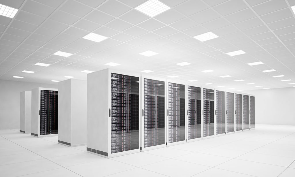 Data Center with 4 rows of servers and white floor